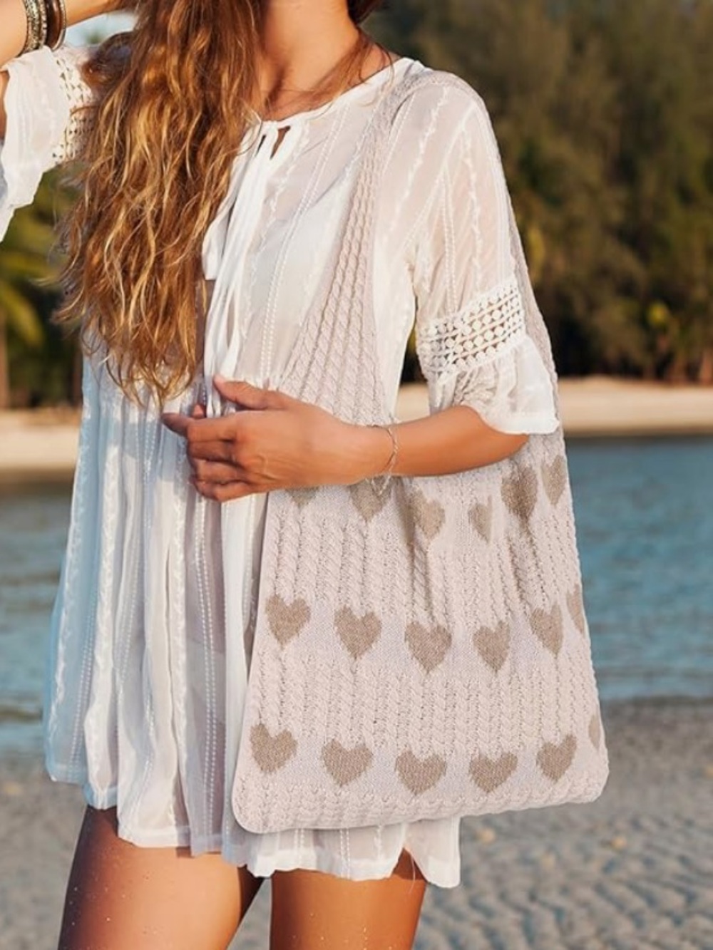 Chic Nation Neutral Crochet Tote with Heart Motif - Cream/Tan